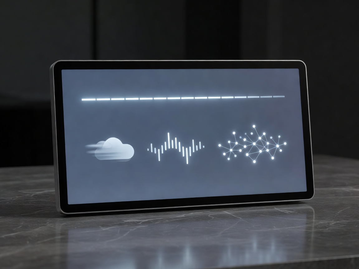 A sleek digital smart clock displaying time alongside weather and network status