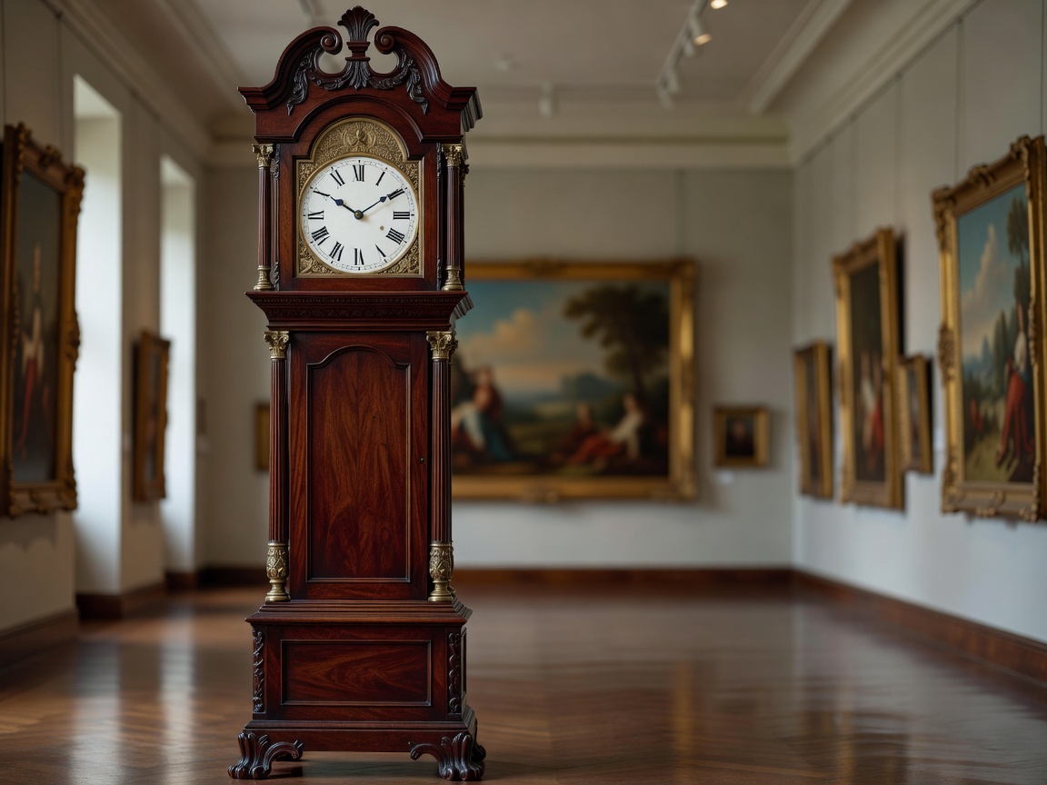 An ornate mahogany longcase grandfather clock standing in a gallery