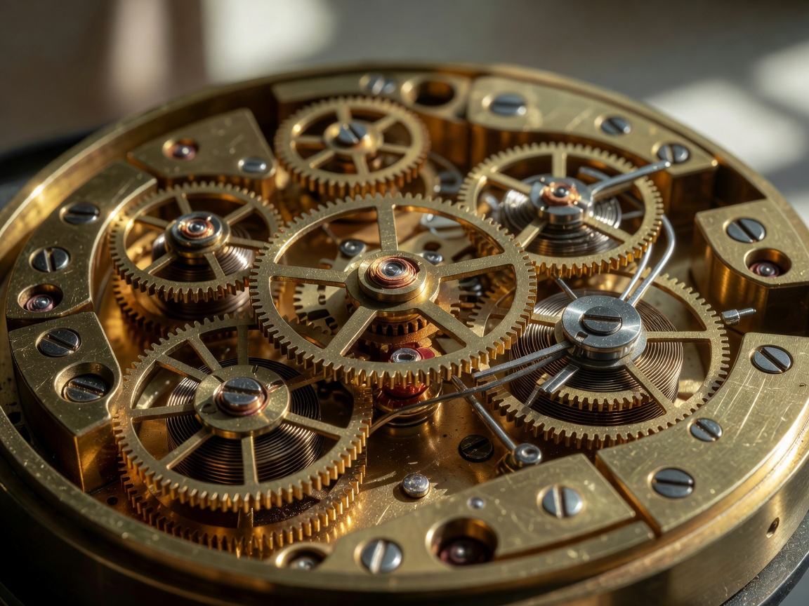 Detailed view of exposed brass gears inside a mechanical clock movement