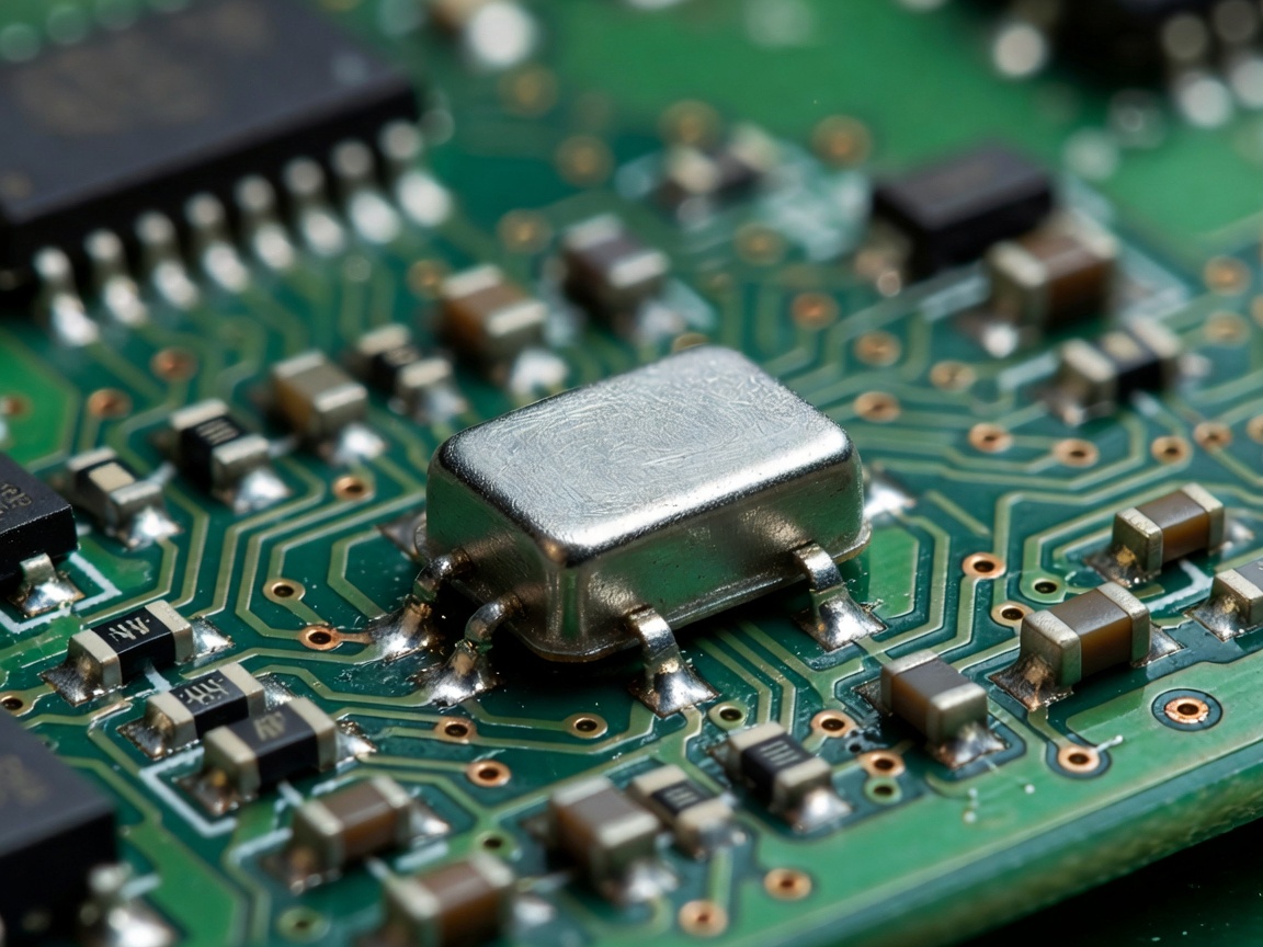 Macro shot of a quartz crystal oscillator on a green circuit board